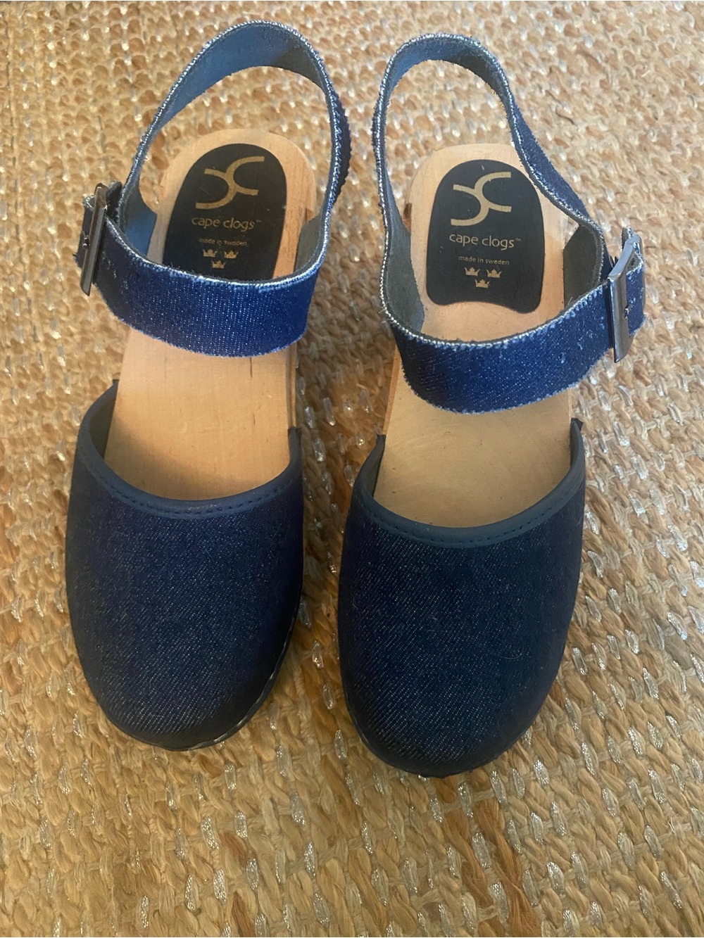 Cape Clogs Daisy Duke Denim Wooden Slingback Clogs Made in Sweden SZ 37 US 6.5-7